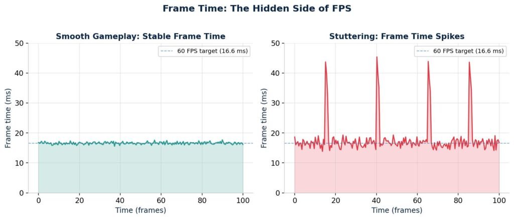 Frame time graphs reveal stutters that an average FPS counter will completely miss.